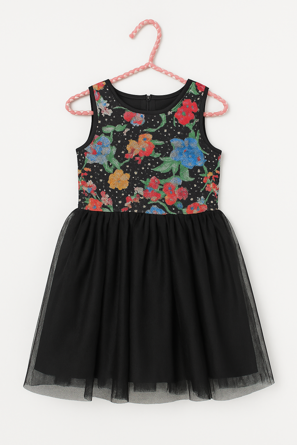 Girls’ Floral Sequin Dress - Black mesh skirt with a multi-color floral sequin bodice - Kenjet Supplies