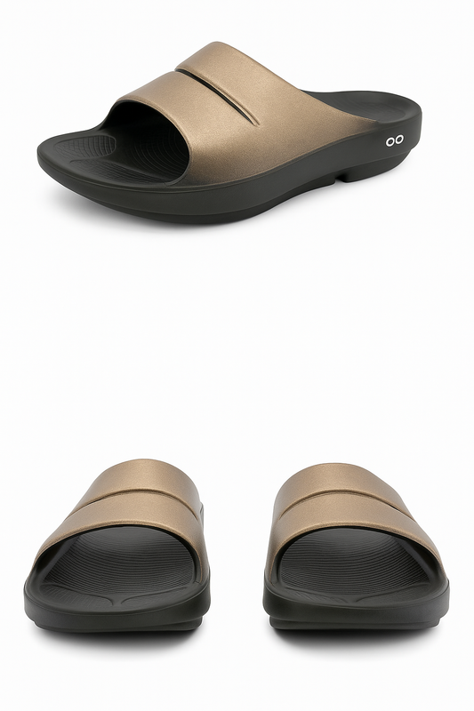 OOFOS Unisex OOahh Luxe Slide – Black &amp; Gold - Kenjet Supplies