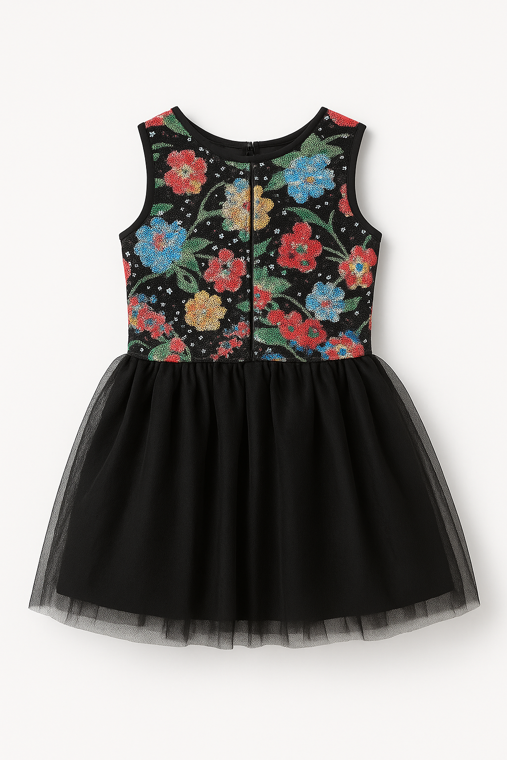 Girls’ Floral Sequin Dress - Black mesh skirt with a multi-color floral sequin bodice - Kenjet Supplies
